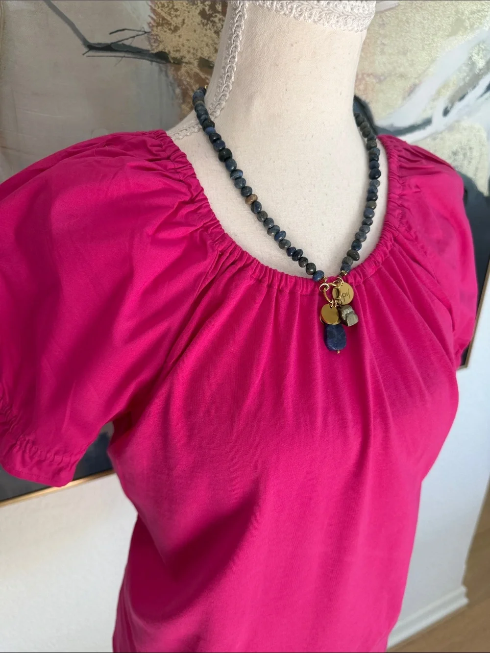 J. Crew Fuchsia Gathered-Neck Short Sleeve Summer Top Size SM 100%Cotton